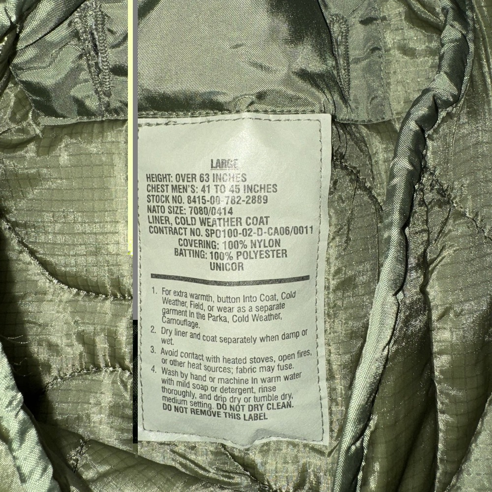 Vintage Military Cold Weather Liner Green Quilted Button Up Men's Size Large - Picture 5 of 5